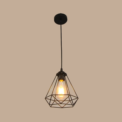 Diamond Cage Iron Pendulum Light Retro 1-Light Dining Table Ceiling Pendant Light in Black