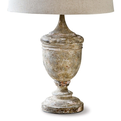 Distressed White Urn Nightstand Light Farmhouse Wooden 1 Head Living Room Table Lamp with Drum Fabric Shade