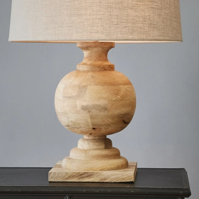 Drum Fabric Night Lamp Rustic 1-Light Bedside Table Light with Sphere Wood Base in Black/Beige