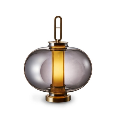 Ellipse/Oblong Lantern Night Light Designer Amber/Smoke Grey Glass Single Bedside Table Lamp in Gold
