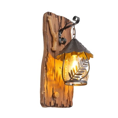 Farmhouse Hut Shaped Wall Light Single-Bulb Clear Glass Sconce Lamp with Wood Backplate in Brown