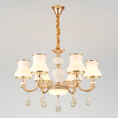 Gold 3/6/15 Lights Pendant Light Fixture Traditional Flare Milky Glass Chandelier with Decorative Crystal