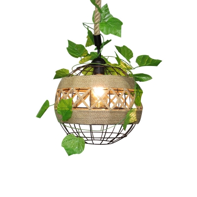 Jute Rope Beige Pendulum Light Globe Single Rustic Ceiling Pendant with Artificial Ivy Deco
