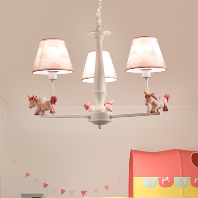 Kids Conical Hanging Pendant Chevron/Cloud Print Fabric 3/5/6-Light Bedroom Chandelier with Unicorn Deco in Pink