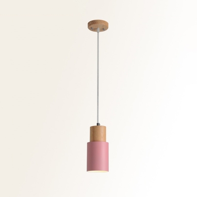 Metal Tubular Hanging Light Fixture Nordic 1-Light Black/Pink/Green and Wood Pendant Lamp for Kitchen