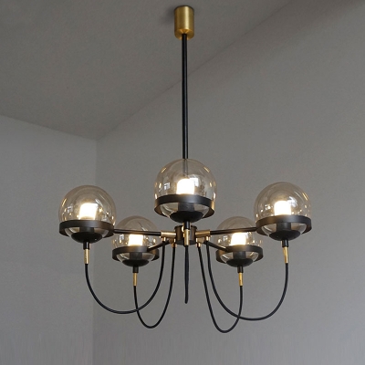 Mid-Century Sphere Chandelier Amber Glass 5-Head Living Room Pendant Lighting with Swoop Arm in Bronze/Black
