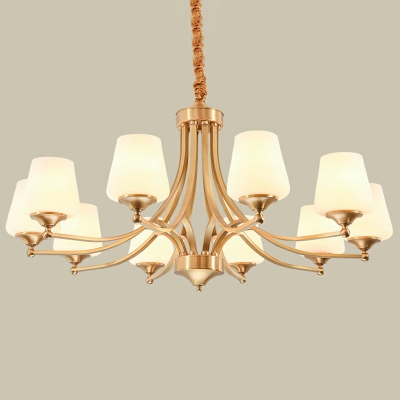 Milky Glass Tapered Hanging Light Traditional 3/10/12-Light Living Room Ceiling Chandelier in Gold