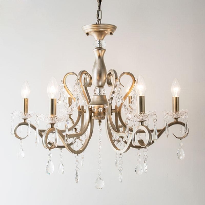 Nickel 6/8 Lights Chandelier Vintage Metal Candle Shaded/Shadeless Pendant Lamp with Scroll Arm and Crystal Drape