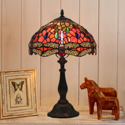 Red/Blue Dragonfly Nightstand Lamp Tiffany 1 Bulb Stained Art Glass Table Light with Gem-Like Cabochons