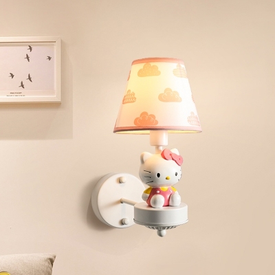 Resin Soldier/Kitten/Horse Wall Light Cartoon 1 Bulb White Wall Sconce with Tapered Fabric Shade