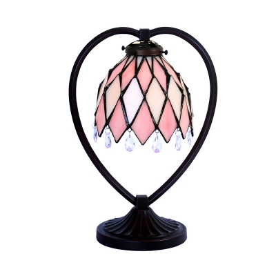 Rhombus-Cut Glass Pink Night Lamp Bell Shaped Single Tiffany Table Light with Diamond Trim and Heart Frame