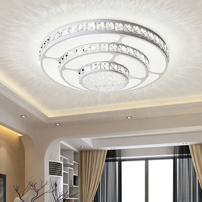 Small/Medium/Large Simple LED Flushmount White 3-Tiered Round/Square/Rectangle Ceiling Light with Crystal Shade