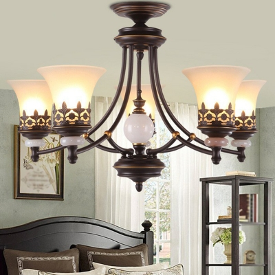 Stain Opal Glass Flared Pendant Light Traditional 3/5/8-Light Bedroom Up/Down Chandelier in Brown