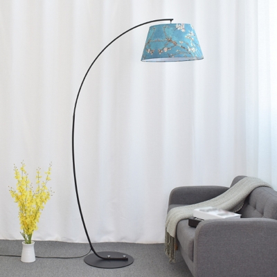 Tapered Fabric Standing Light Minimalist 1 Head Black/White/Yellow Floor Reading Lamp with Curved Arm