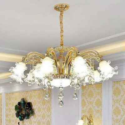 Traditional 2-Layer Ruffle Chandelier 6/8/15 Bulbs Clear Glass Wall Lighting in Gold with Crystal Accent