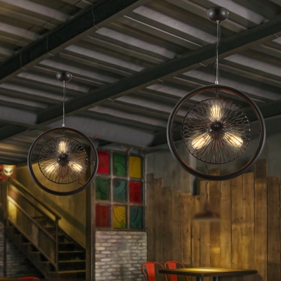 Warehouse Wheel Pendant Chandelier 3 Lights Iron Hanging Light Kit in Black for Restaurant
