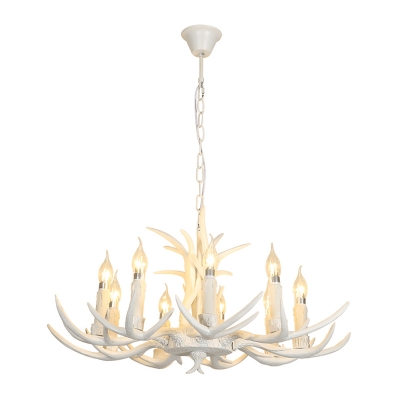 White Candle Chandelier Light Fixture Cottage Resin 4/8/12-Head Dining Room Suspension Lamp with Antler Deco