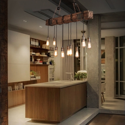Wood Brown Island Light Fixture Linear 10 Heads Rustic Pendant Lighting with Open Bulb Design