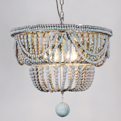 Wooden 1/2-Tiered Fringe Drop Pendant Lodge 4-Bulb Bedroom Ceiling Chandelier with Droplet in Blue-White