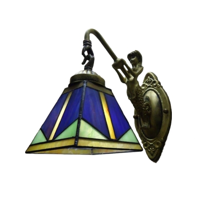 1/2/3-Head Mermaid Wall Lighting Mission Bronze Metal Wall Sconce with Pyramid Blue Glass Shade