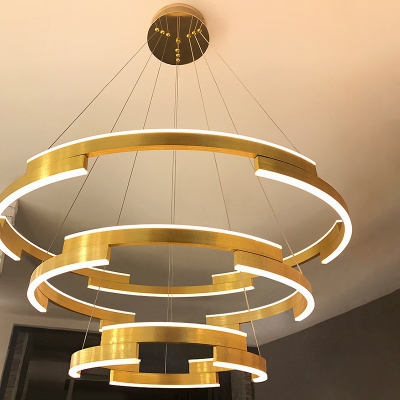 1/2/3-Tier Circle Splicing Pendant Light Postmodern Aluminum Brushed Gold LED Chandelier in Warm/White/3 Color Light, Small/Large