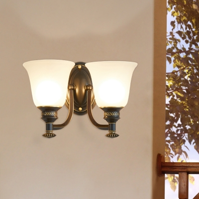 1/2-Head Bell Wall Lamp Fixture Traditional Brass White Glass Wall Mounted Light Fixture