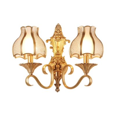 1/2-Head Wall Sconce Colonial Flower-Like Frosted and Water Glass Wall Mounted Light in Gold