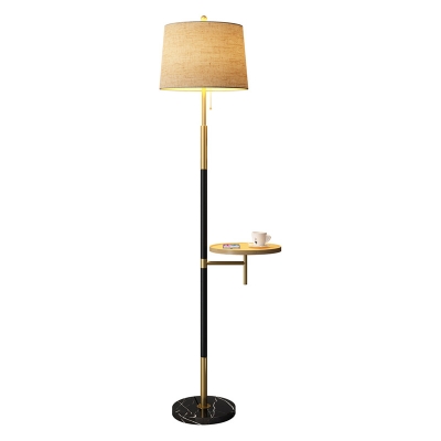 1-Light Pull-Chain Standing Lamp Rural Tapered Fabric Floor Light in Gold-Black with USB Port and Table