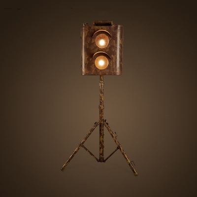 2-Bulb Tripod Searchlight Floor Lamp Vintage Restoration Rust/Camouflage Metal Floor Standing Light