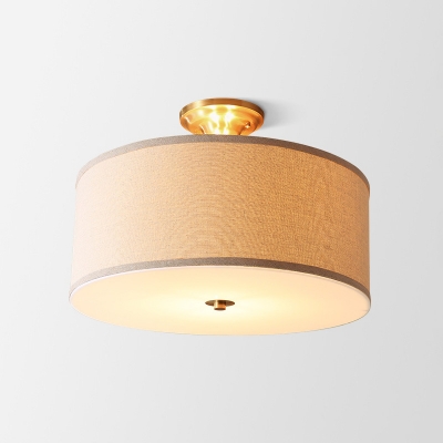 3/4 Lights Drum Flush Ceiling Light Rustic Beige Fabric Semi Flush Mount Lamp with Acrylic Diffuser