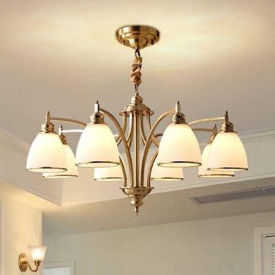 3/8/10 Heads Chandelier Lamp Traditional Dining Room Hanging Light with Bell White Glass Shade in Gold