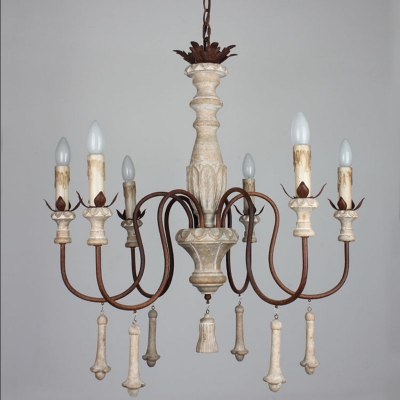 6/12 Lights Candelabrum Chandelier French Country Distressed Wood Metal Hanging Light Fixture