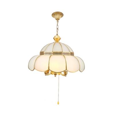 6-Light Scalloped Pull Chain Chandelier Vintage Gold Opal Frosted Glass Hanging Ceiling Light