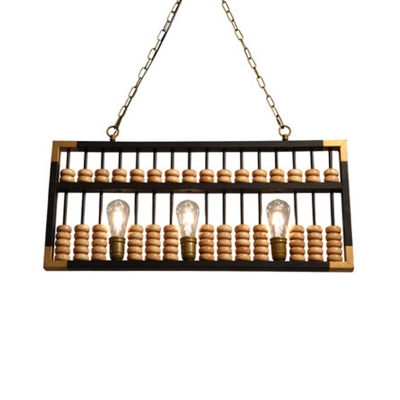 Abacus Restaurant Island Light Fixture Metal 3 Lights Decorative Hanging Pendant in Black/Wood