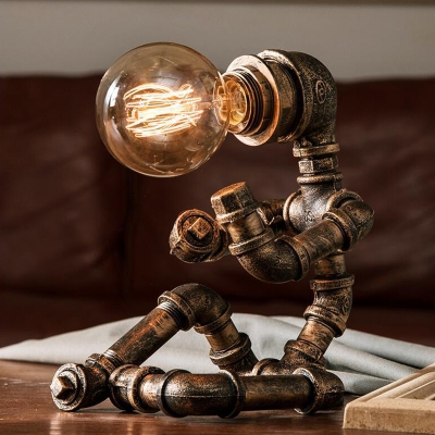 Antiqued Brass Pipe Man Table Light Cyberpunk Iron 1-Light Boys Room Nightstand Lamp