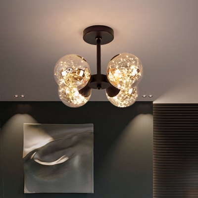 Ball Semi Flush Ceiling Light Modern Starry Glass 4 Lights Black/Gold LED Flush Mounted Lamp for Bedroom