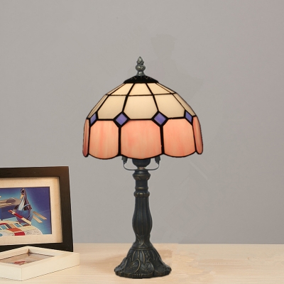Baroque Dome Nightstand Lamp 1 Bulb Pink/Red/Blue Gridded Glass Table Light for Living Room