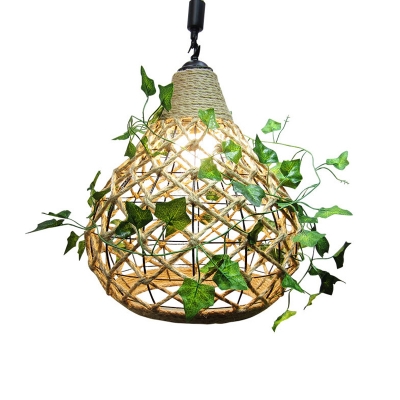 Beige Single Plant Pendulum Light Cottage Rope Crisscross-Woven Hanging Light Fixture