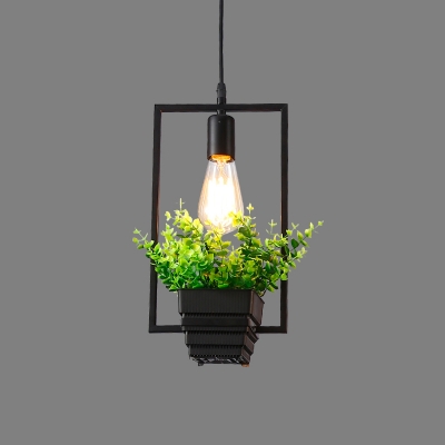 Black 1-Light Bonsai Hanging Pendant Lodge Iron Square/Rectangle/Round Shaped Ceiling Suspension Lamp