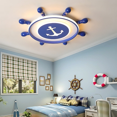 Blue Circle LED Ceiling Lighting Kids Metal Small/Large Flush Mounted Lamp with Anchor Pattern, Warm/White Light