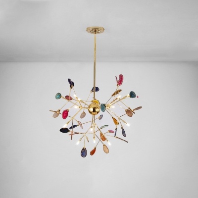 Branch/Linear Pendant Light Fixture Designer Metal 20/24-Bulb Gold Small/Large Chandelier with Colorful Agate Decor