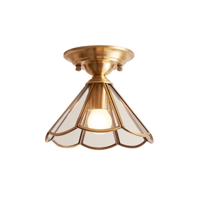 Brass Cone/Globe/Bell Ceiling Light Vintage Clear/White Glass 1 Bulb Kitchen Semi Mount Lighting with Scalloped Edge