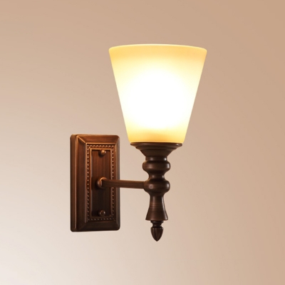 Brown Single Wall Mount Lamp Vintage Satin Opal Glass Conical Wall Light Kit for Bedroom