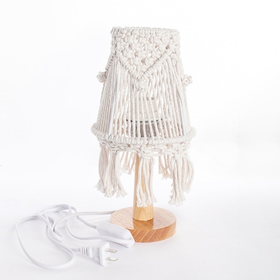 Conical Girls Room Table Lamp Bohemia Fiber Rope 1 Head Yellow Nightstand Light with Fringe