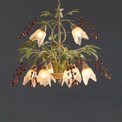 Countryside Flower Drop Lamp 6/8 Bulbs Frosted White Glass Chandelier in Green with Tan Crystal Decoration
