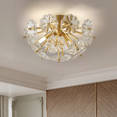 Crystal Floweret Semi Mount Lighting Stylish Modern 3/5-Head Bedroom Ceiling Flush Light in Gold