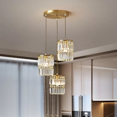 Cylinder Cluster Pendant Light Modern Crystal Prism 3 Bulbs Brass Ceiling Hang Lamp with Round/Linear Canopy