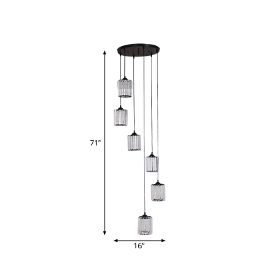 Cylindrical Crystal Prism Cluster Pendant Modern 6/9 Lights Black Ceiling Hang Lamp for Loft House