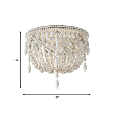 Distressed White Wood Ceiling Lamp Small/Medium/Large Beaded Bowl Shaped 3/5/6 Lights Country Style Flush Mount Light