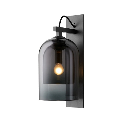 Double Elongated Dome Sconce Light Modern Smoke Grey Glass 1 Bulb Bedroom Wall Mounted Light in Black